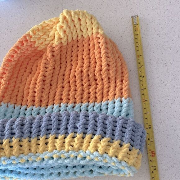 Oversized Colorful Hand-knitted Hat Blue Orange Yellow Crochet Artsy Fun - Picture 6 of 8